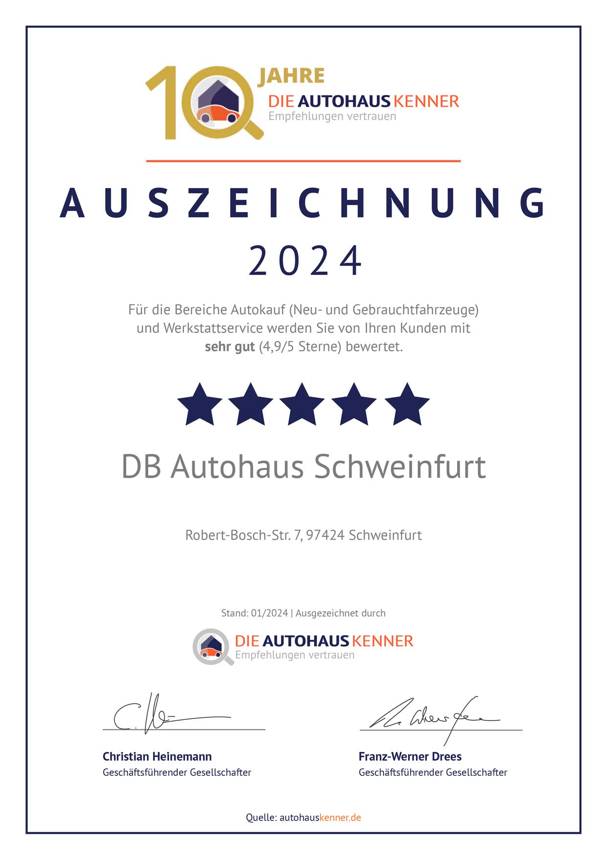 Auszeichnung von Autohauskenner für DB Autohaus Schweinfurt