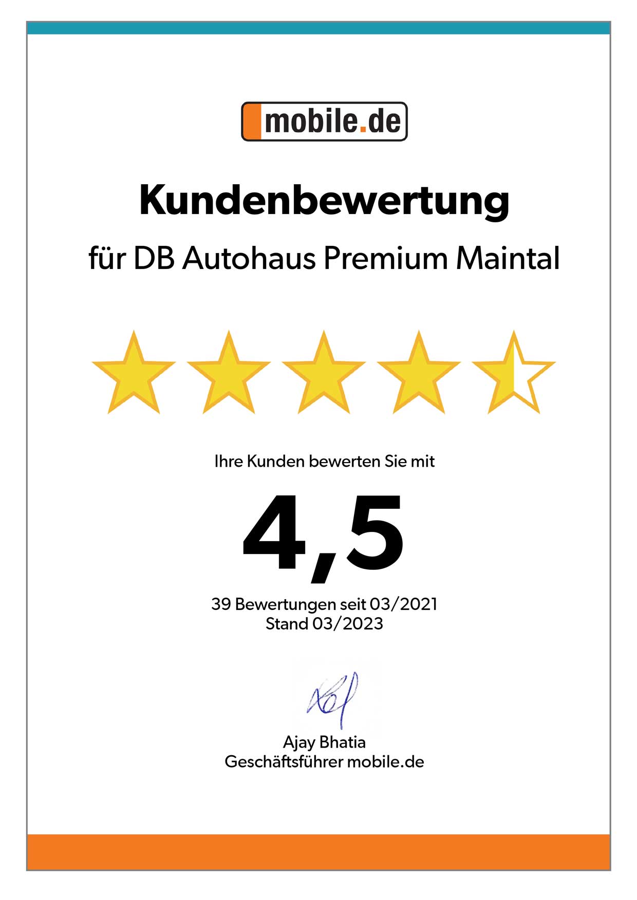 Auszeichnung von mobile.de für DB Autohaus Premium Maintal