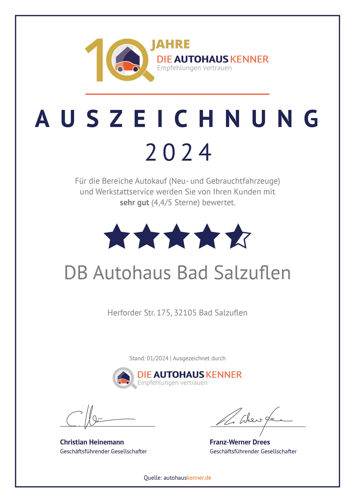 Auszeichnung von Autohauskenner für DB Autohaus Bad Salzuflen