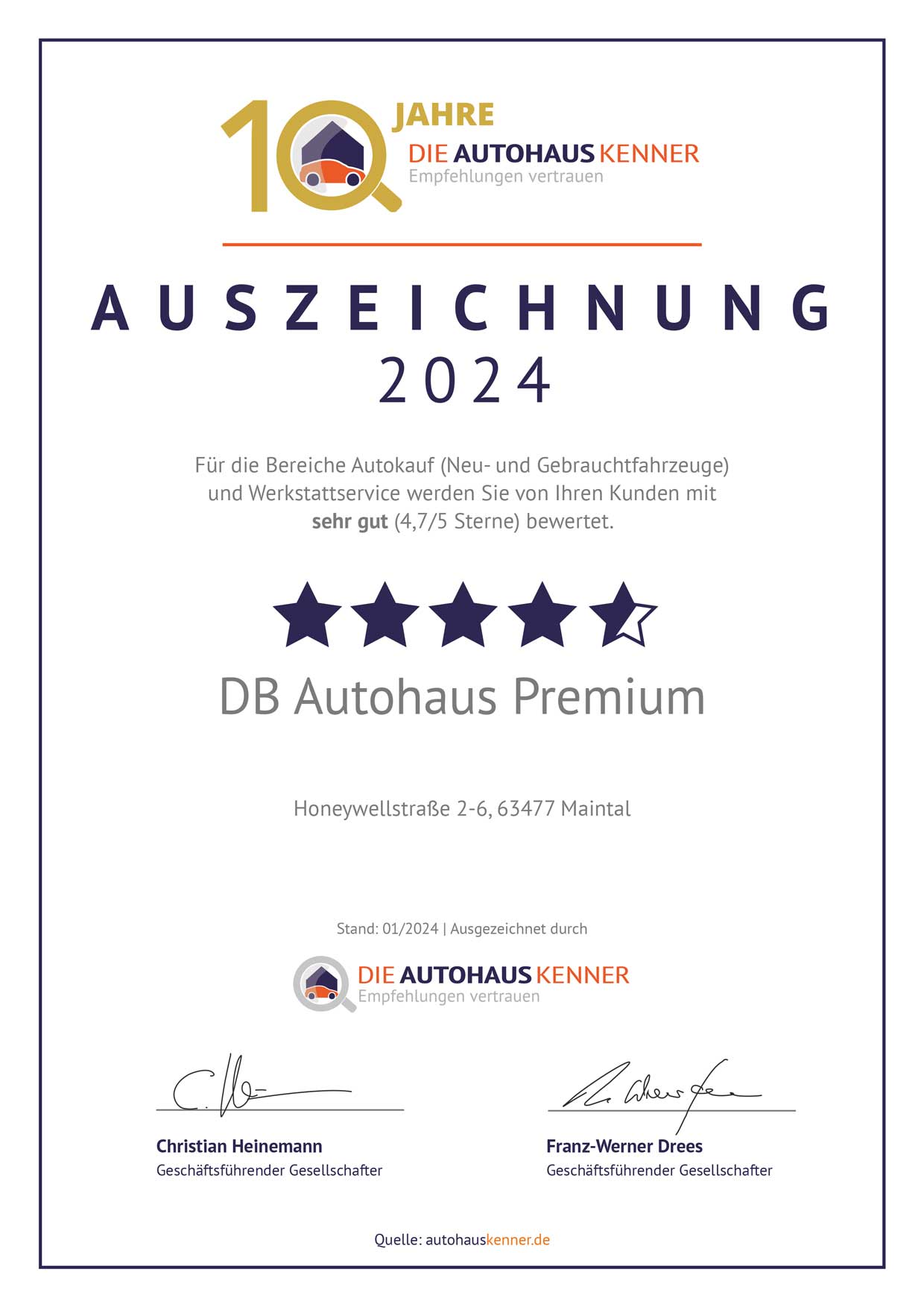 Auszeichnung von Autohauskenner für DB Autohaus Premium Maintal